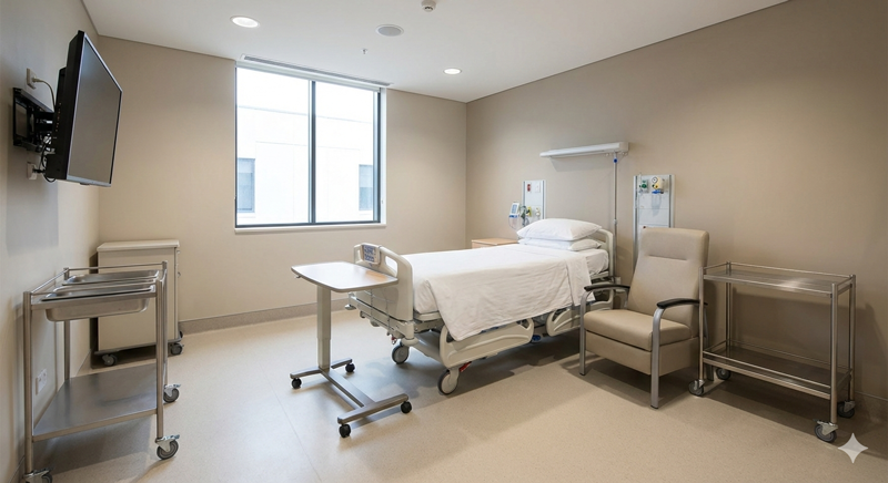 Hospital furniture including ICU beds, examination tables and patient transfer trolleys